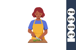Woman chopping green bell pepper on wooden board kitchen coo Product Image 1