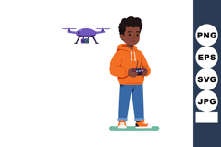 Boy in orange hoodie flying purple drone with remote control Product Image 1