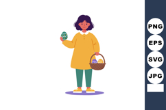 Girl holding decorated Easter eggs in basket wearing yellow Product Image 1