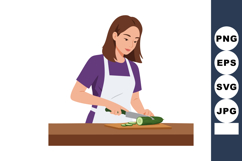 Woman slicing cucumber on wooden board with kitchen knife in Product Image 1