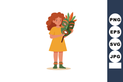 Girl Holding Tribal Mask with Green and Orange Feathers in S Product Image 1