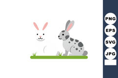 Two cute rabbits with white and grey spotted fur sitting on Product Image 1