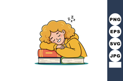Girl sleeping on stack of books in yellow hoodie peaceful re Product Image 1