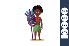 African boy holding traditional tribal mask with green and p Product Image 1