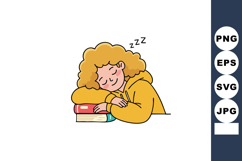 Girl Sleeping on Books with Curly Hair in Yellow Hoodie Vect Product Image 1