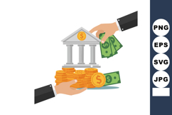 Bank building with money exchange and coin stacks for financ Product Image 1