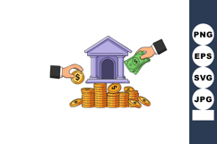 Bank building with hands exchanging money coins and bills fi Product Image 1