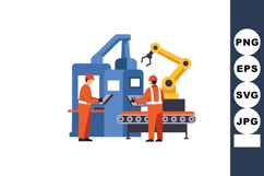Factory workers operating industrial robotic arm and machine Product Image 1