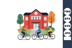 Students riding bicycles in front of school building with au Product Image 1