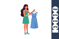 Woman holding blue dress on hanger choosing outfit for casua Product Image 1