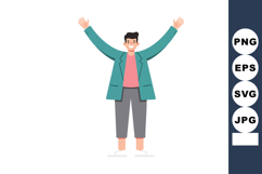 Young man smiling with raised arms wearing teal jacket and c Product Image 1