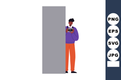 Young man taking photo with camera standing behind wall in c Product Image 1