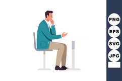 Man in teal jacket sitting on chair thinking and gesturing a Product Image 1