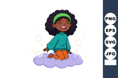 Happy smiling girl sitting on a purple cloud with green head Product Image 1