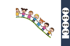 Children holding hands playing together on curved green hill Product Image 1