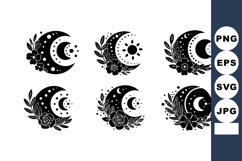 Crescent moon and sun floral celestial design set vector wit Product Image 1