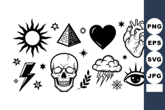 Collection of black and white mystical symbols including sun Product Image 1