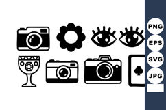 Set of black and white vector icons including camera, flower Product Image 1