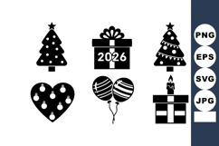 Christmas and New Year 2026 holiday icons with tree, gift bo Product Image 1