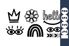 Black and white vector icons with crown flower hello text ey Product Image 1