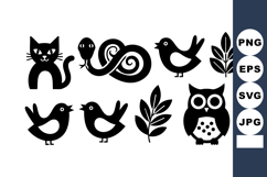 Black silhouette animal and plant icons including cat snake Product Image 1