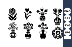 Black and white floral vector icons with vases and decorativ Product Image 1