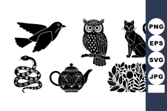 Black silhouette vector collection of bird owl cat snake tea Product Image 1