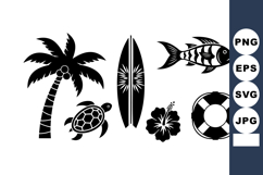 Tropical beach icons with palm tree turtle surfboard fish hi Product Image 1
