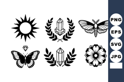 Black and white vector set of sun, crystal with laurel wreat Product Image 1