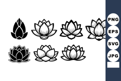 Set of lotus flower vector icons in black and white line art Product Image 1