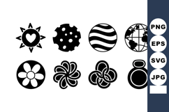 Set of eight black and white circular icons with sun, heart, Product Image 1
