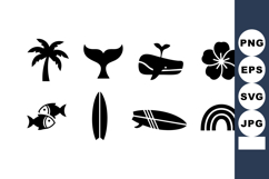 Tropical beach icons with palm tree whale tail fish surfboar Product Image 1