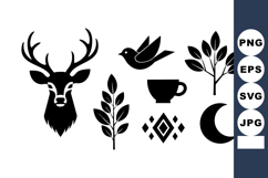 Deer head bird cup leaves moon set of simple black silhouett Product Image 1