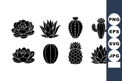 Succulent and cactus black silhouette vector set with pineap Product Image 1