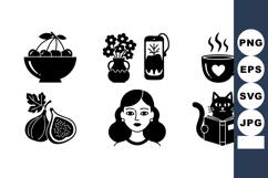 Black silhouette vector set of fruit bowl, flowers, juice, h Product Image 1