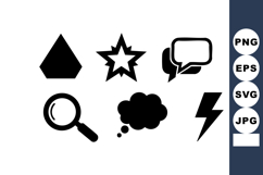 Set of six black vector icons with magnifying glass, speech Product Image 1