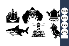 Vector icons of roaring gorilla cityscape shark lighthouse t Product Image 1