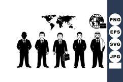 Diverse businesspeople standing with world map and globe ico Product Image 1