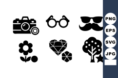 Camera glasses mustache flower heart tree icons in black vec Product Image 1