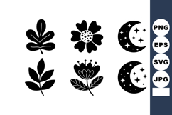 Black silhouette floral and moon vector icons with leaves an Product Image 1