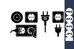 Electrical plug and socket vector icons set in black silhoue Product Image 1