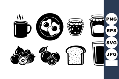 Breakfast food and drink icons with coffee, eggs, jam, fruit Product Image 1