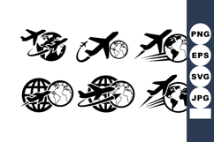 Airplane flying around globe icons set for travel and intern Product Image 1