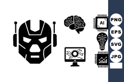 Artificial intelligence and robot head icons with brain chip Product Image 1