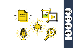 Multimedia content icons with microphone, play button, docum Product Image 1