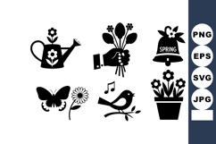 Spring garden icons with watering can, flower bouquet, butte Product Image 1