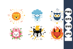 Cute animal faces representing sun rain storm fire and natur Product Image 1