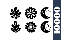 Black silhouette set of oak leaves flowers crescent moons si Product Image 1