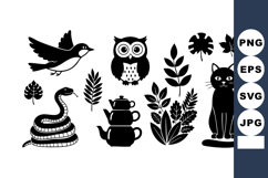 Silhouettes of flying bird owl snake cat leaves and teapot n Product Image 1