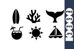 Summer beach icons set with surfboard coral whale tail cocon Product Image 1